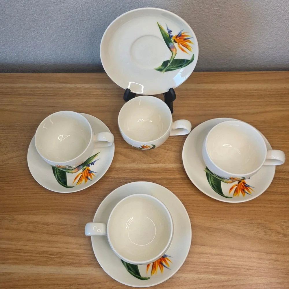 Santa Anita Ware Teacup/Saucer Set of 4 Flowers Of Hawaii Bird Of Paradise 1949